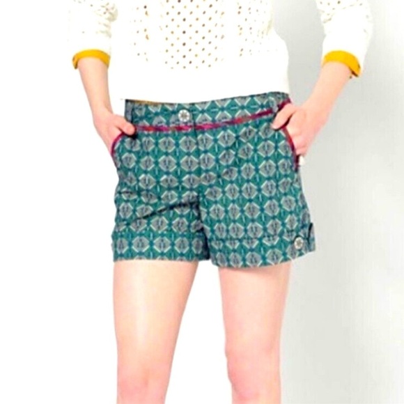 Anthropologie Corey Lynn Calter Green Printed Cotton Shorts Sz 4 Boho Artsy Chic - Picture 1 of 9